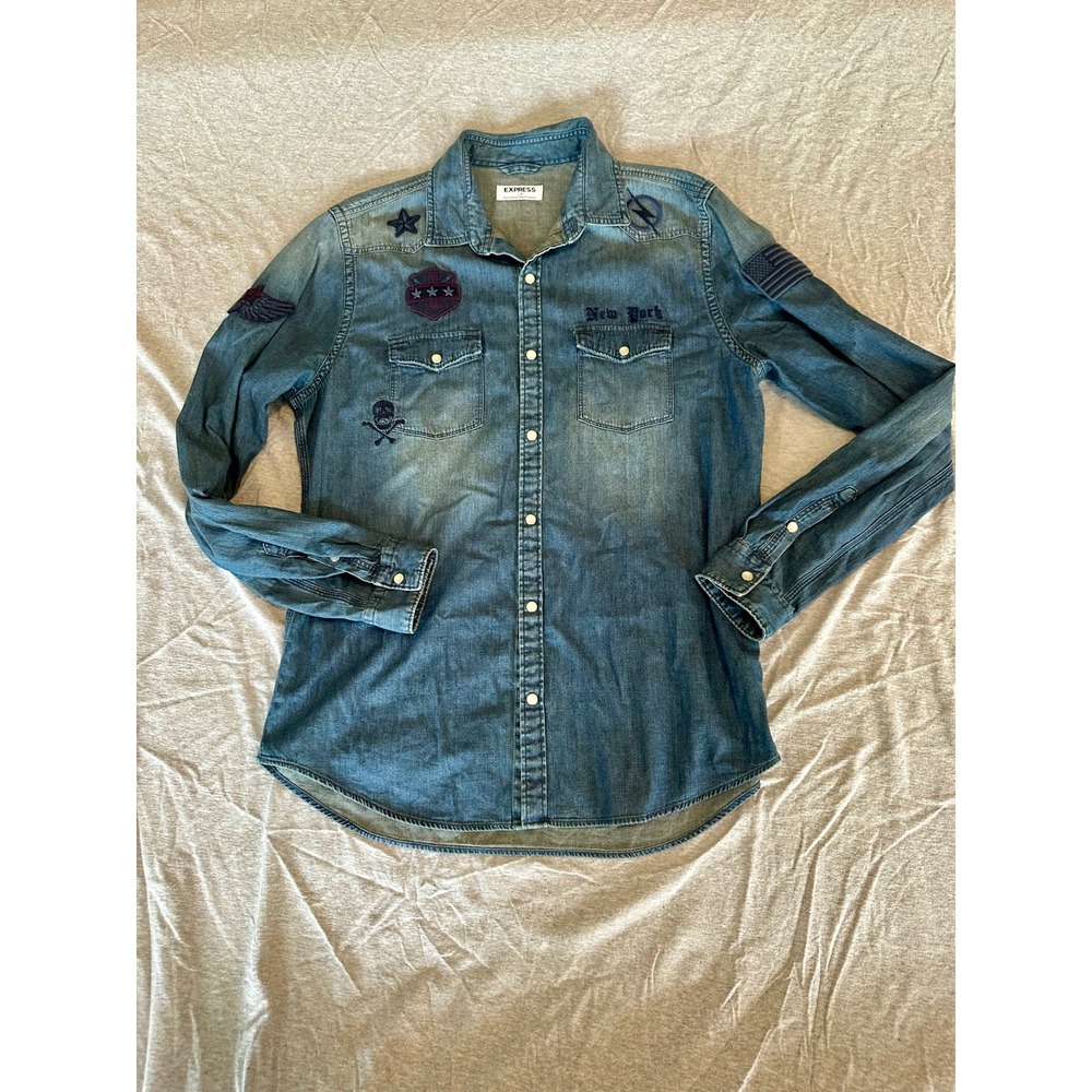 Express Mens Denim Button Down Shirt Blue Patches Skull Star American Flag L
